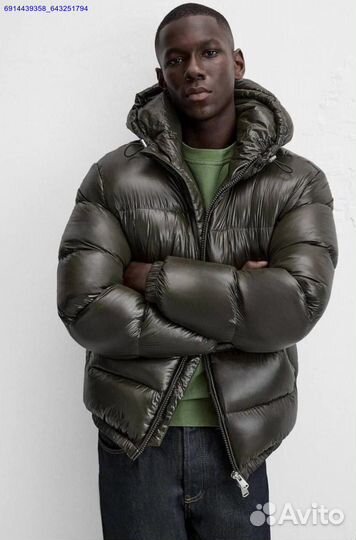 Пуховик Zara x Moncler глянцевый Хаки (Арт.42567)