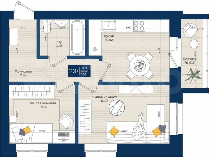 2-к. квартира, 45,4 м², 1/5 эт.