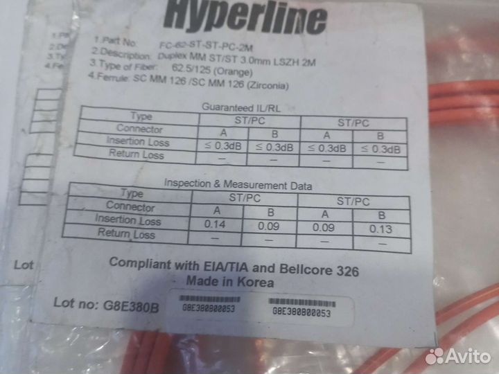 Hyperline Патч-корд (шнур) MM 62.5/125, ST-ST,2 м