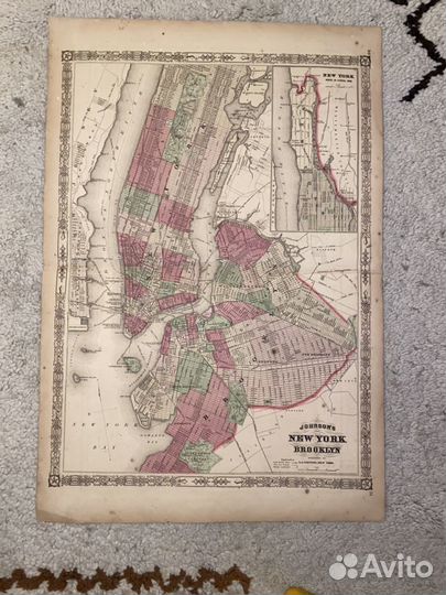 Винтажная карта Нью Йорка. 1866 г. 45х65 см