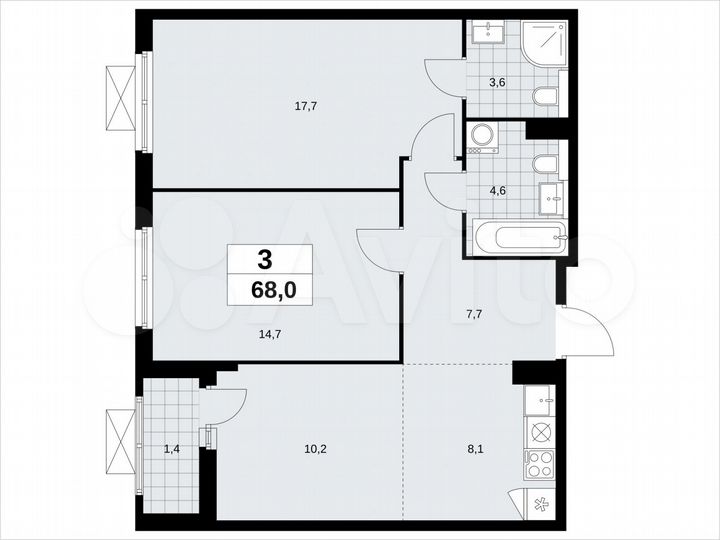 3-к. квартира, 68 м², 10/19 эт.