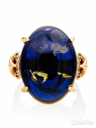 Позолоченное Кольцо с Натуральным Синим Янтарем
