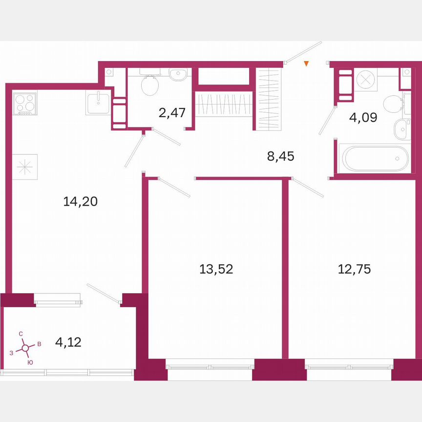 2-к. квартира, 57,5 м², 10/10 эт.