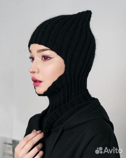 Балаклава чёрная, с ушками, с рожками, капюшон