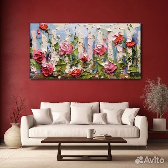 Объёмная картина маслом садовые розы Примерка