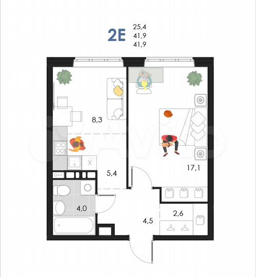 2-к. квартира, 41,9 м², 3/6 эт.