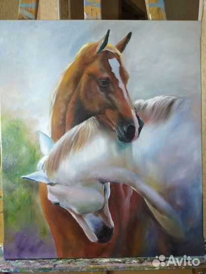 Картина маслом на холсте с лошадьми 