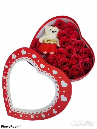 Мыло.Мыльные розы с мишкой в коробке на подарок