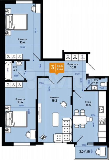 3-к. квартира, 81,7 м², 1/9 эт.