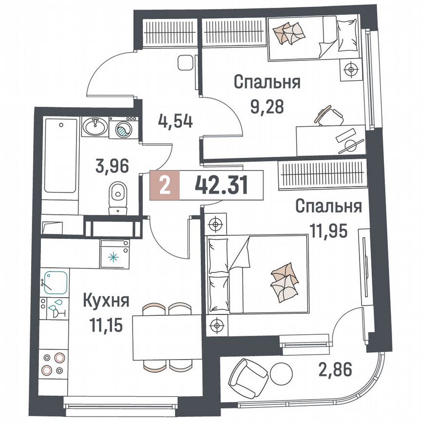 2-к. квартира, 42,3 м², 14/18 эт.