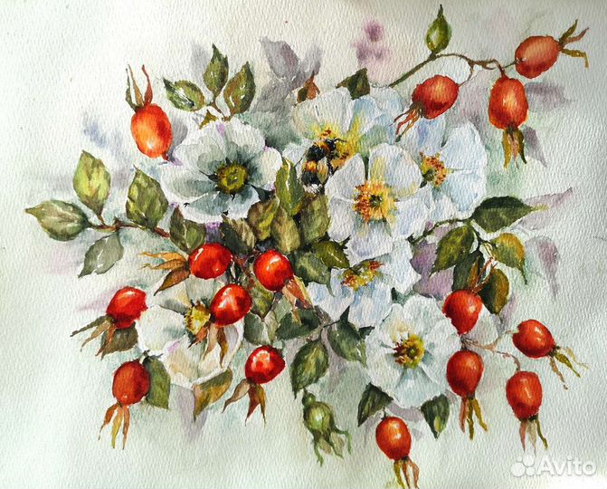 Картина акварель. Шиповник