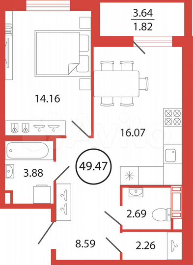 1-к. квартира, 49,5 м², 9/12 эт.
