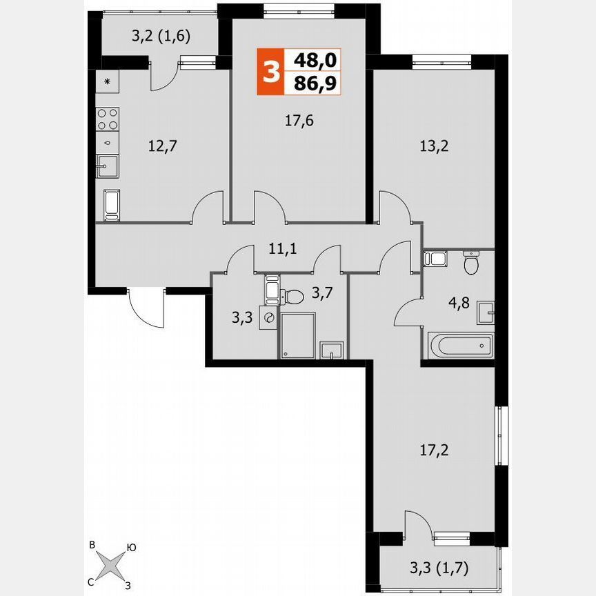 3-к. квартира, 86,9 м², 17/24 эт.