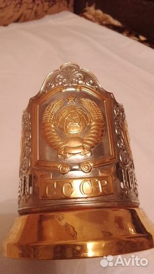 Подстаканник СССР с гербом, никель с позолотой