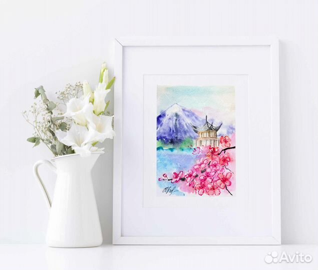 Картина акварель. Горы, море, сакура, японский дом