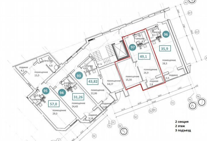 1-к. апартаменты, 49,1 м², 2/6 эт.