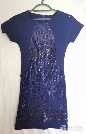 Синее платье А-силуэт с пайетками