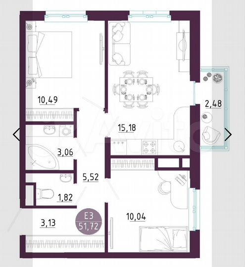 2-к. квартира, 51,7 м², 9/10 эт.