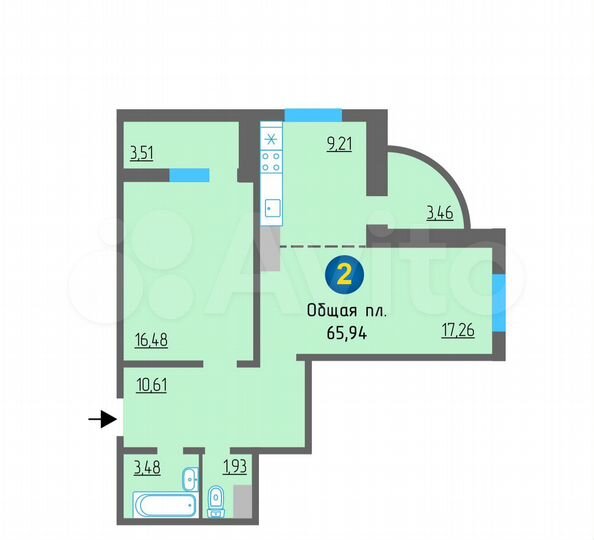 2-к. квартира, 58 м², 4/10 эт.