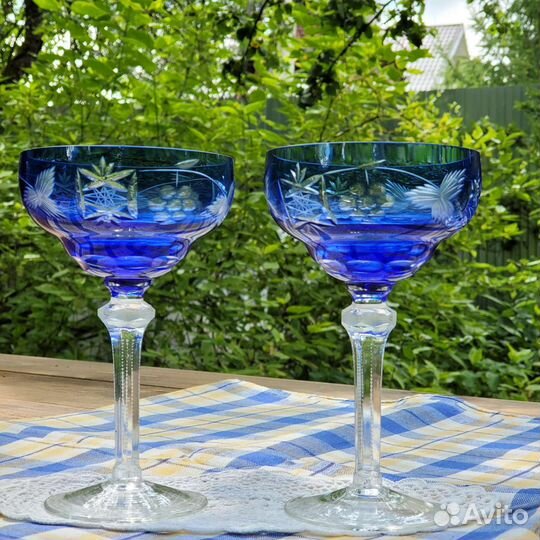 Хрустальные голубые бокалы шале антуанетты винтаж