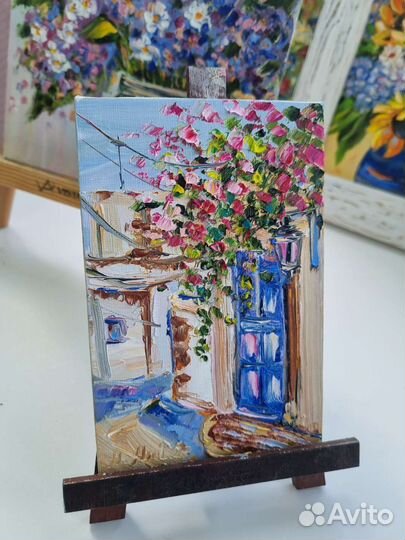 Картина маслом пейзаж Греции Цветы улица 15х10 см
