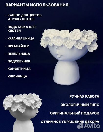 Кашпо голова гипс