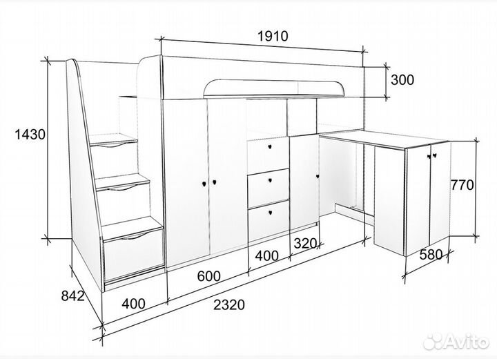 Кровать Чердак Со Столом и шкафом Белый/Шамони