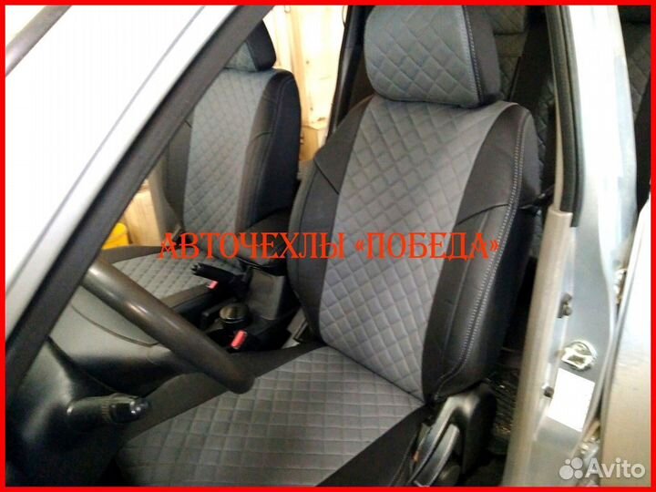 Чехлы Mitsubishi L200 из экокожи чёрно-серые Ромб