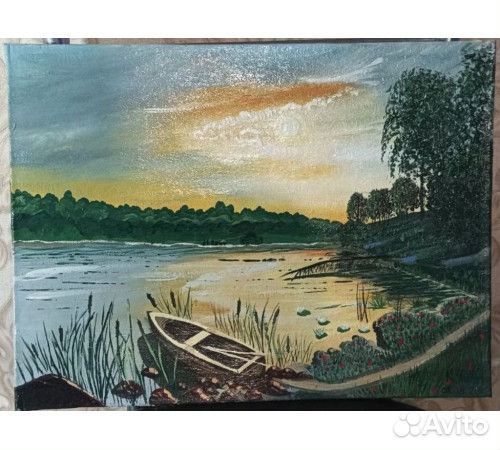 Картина Закат, лодка у озера
