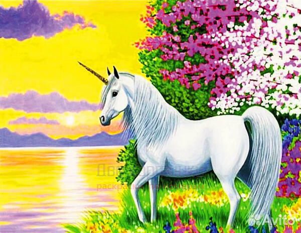Алмазная мозаика 40x50 Белый единорог у озера
