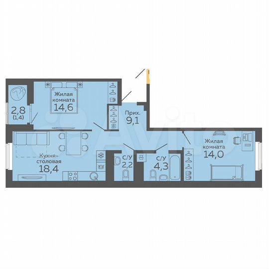2-к. квартира, 64 м², 3/15 эт.