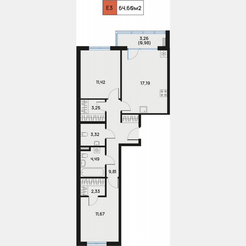 2-к. квартира, 65,2 м², 8/9 эт.