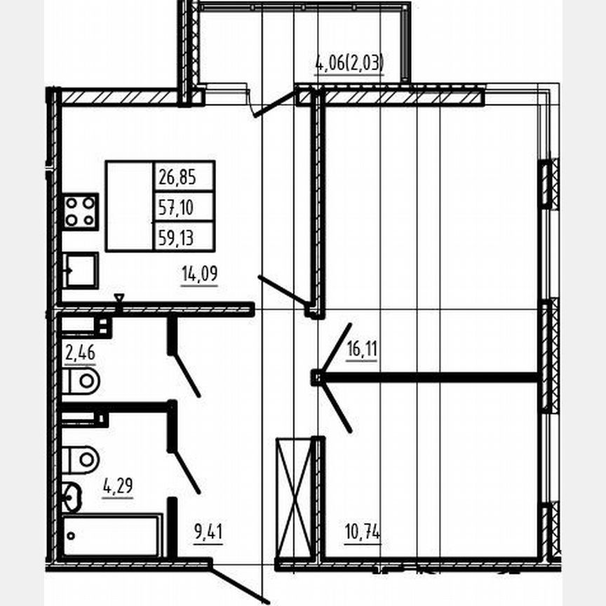 2-к. квартира, 57,1 м², 3/4 эт.