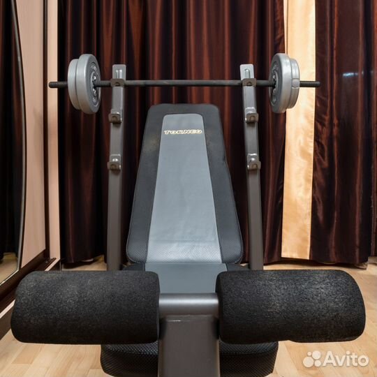 Скамья для жима, гантели, штанга, блины Torneo