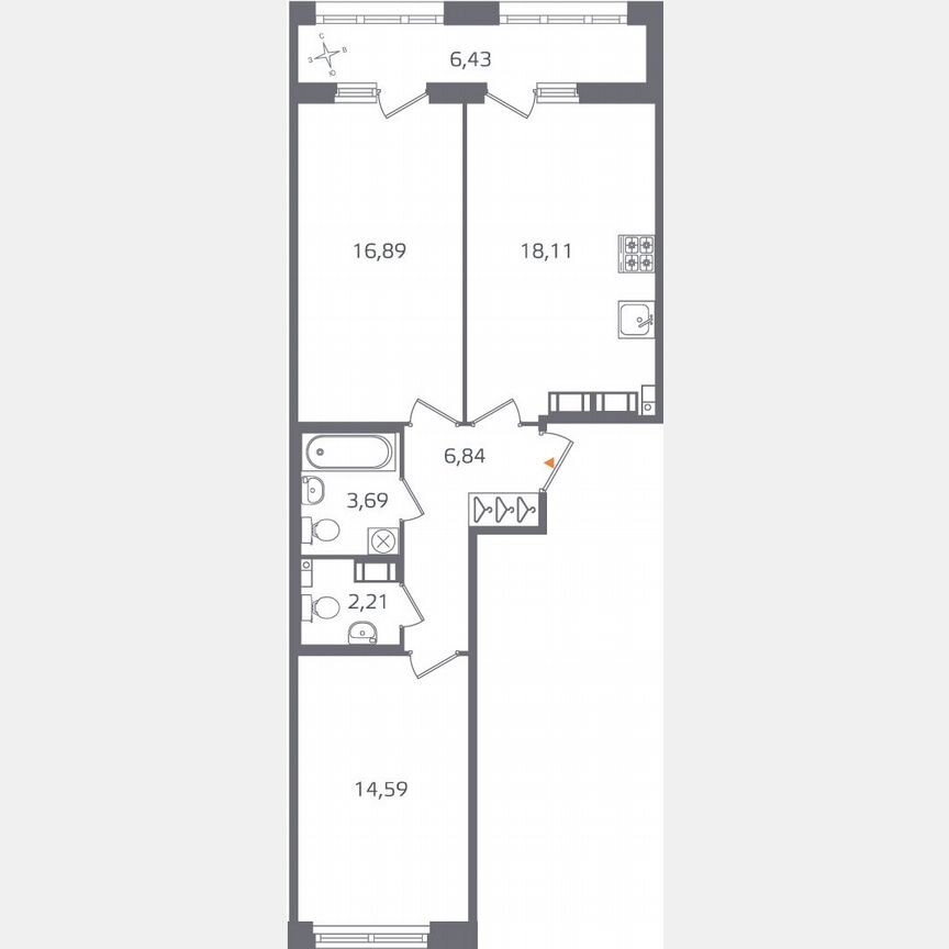 2-к. квартира, 65,6 м², 13/16 эт.