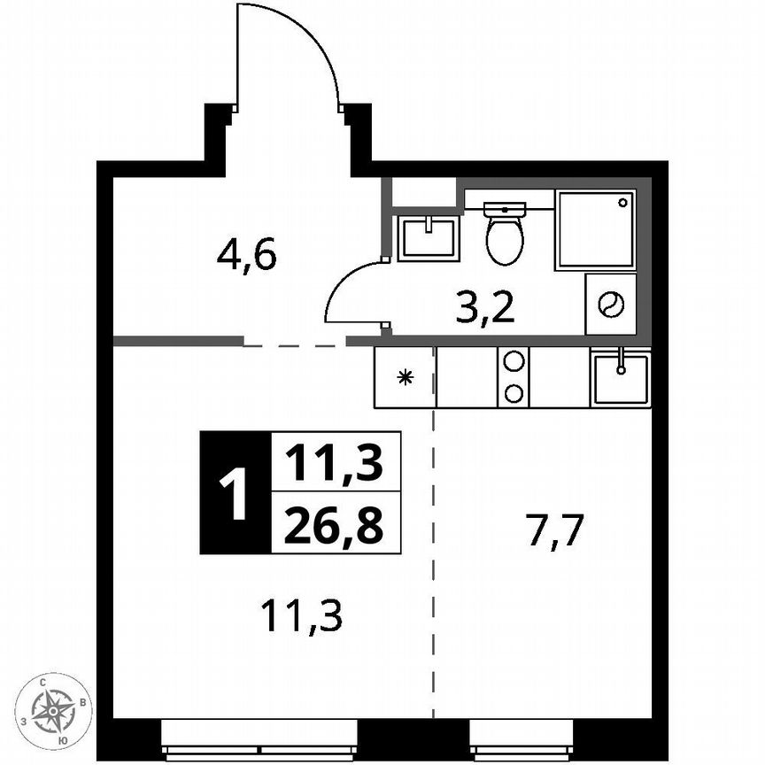 Квартира-студия, 26,8 м², 2/8 эт.