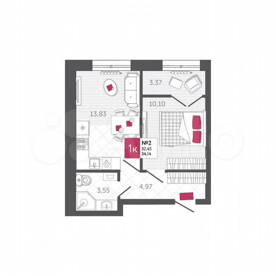 1-к. квартира, 34,1 м², 1/22 эт.