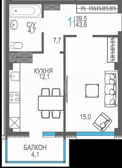 1-к. квартира, 43,6 м², 6/9 эт.