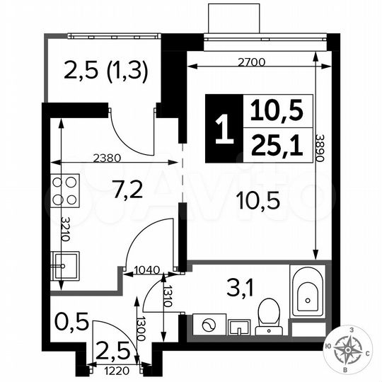 Квартира-студия, 25,1 м², 17/24 эт.