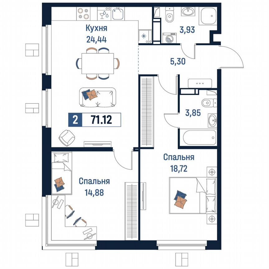 2-к. квартира, 71,1 м², 7/18 эт.