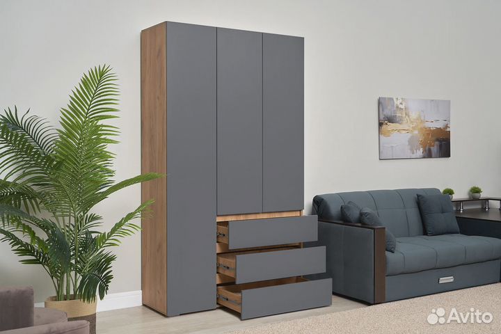 Шкаф Хелен трехстворчатый крафт/графит с ящиками