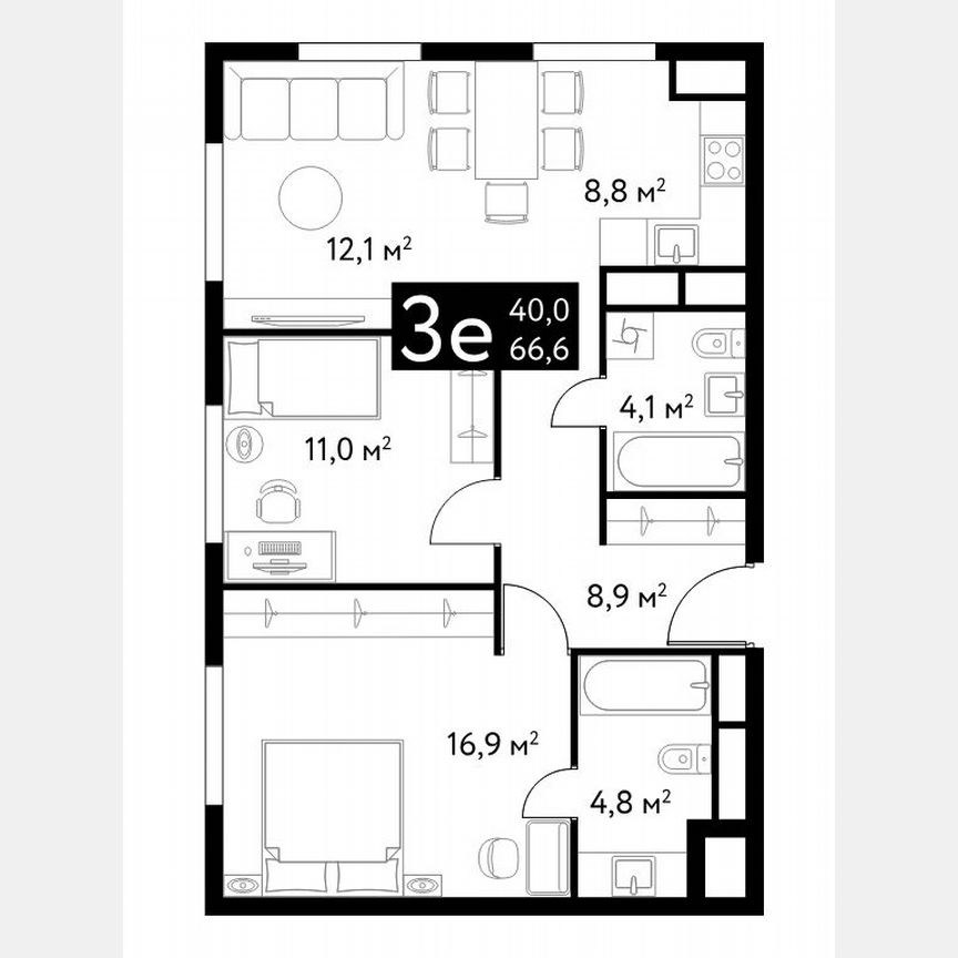 3-к. квартира, 66,6 м², 9/22 эт.
