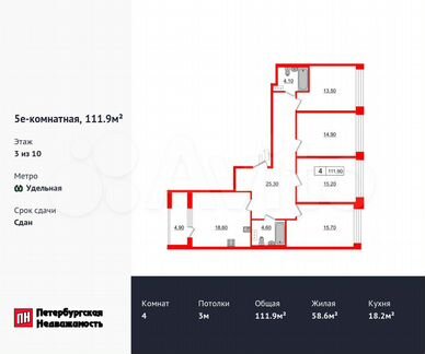 4-к. квартира, 111,9 м², 3/10 эт.