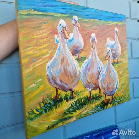 Утки гуси картина маслом птицы холст