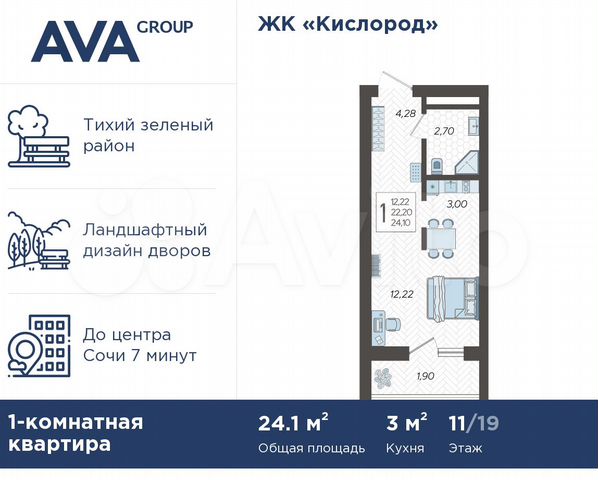 Квартира-студия, 24,1 м², 11/19 эт.
