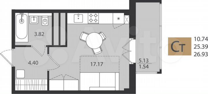 Квартира-студия, 26,9 м², 8/16 эт.