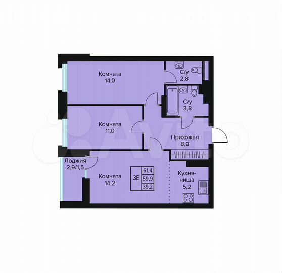 3-к. квартира, 61,4 м², 4/10 эт.