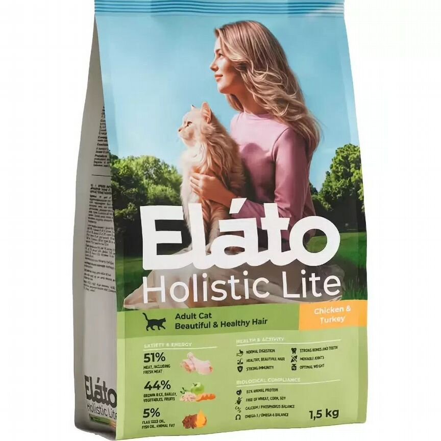 Сухой корм Elato Holistic Lite для кошек с курицей и индейкой - 1,5 кг