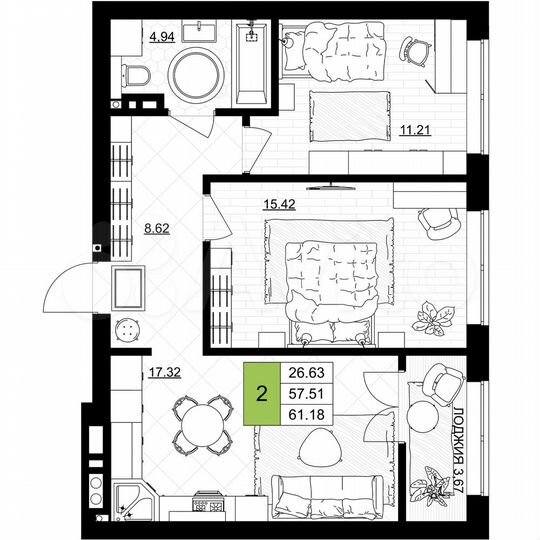 2-к. квартира, 61,2 м², 7/7 эт.