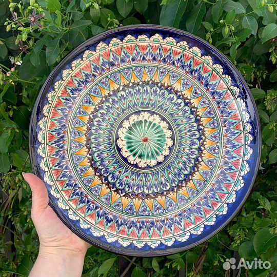 Ляган синий 32 - 46см. Риштан (плоское блюдо)